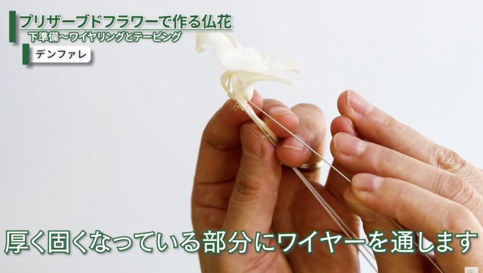 ワイヤリングとテーピングをしたプリザーブドフラワーの花材